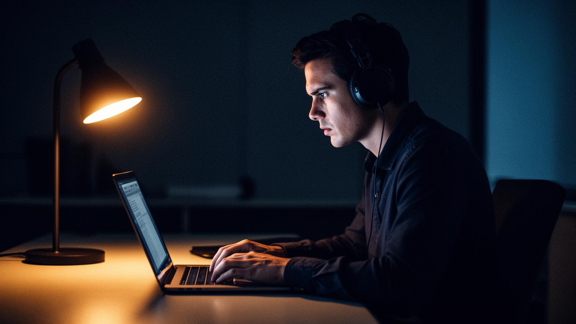 Person der arbejder fokuseret foran en laptop sent om aftenen