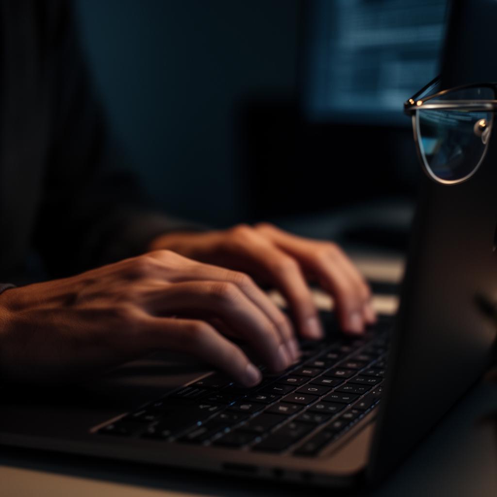 Hænder der skriver på et tastatur i et dæmpet kontor